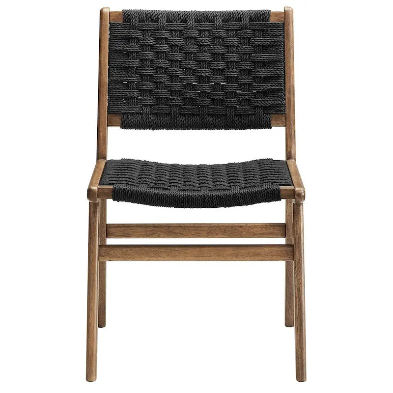 Chaise de salle à manger latérale moderne en corde tressée, cadre en bois d'hévéa, tissage panier noir naturel