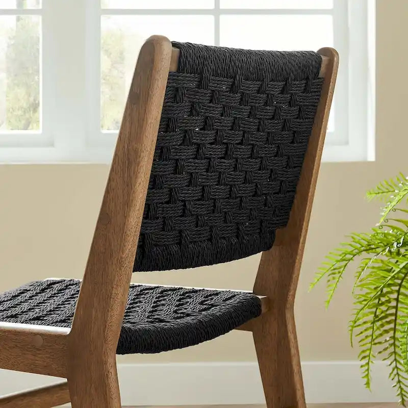 Chaise de salle à manger latérale moderne en corde tressée, cadre en bois d'hévéa, tissage panier noir naturel