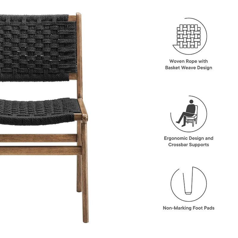 Chaise de salle à manger latérale moderne en corde tressée, cadre en bois d'hévéa, tissage panier noir naturel