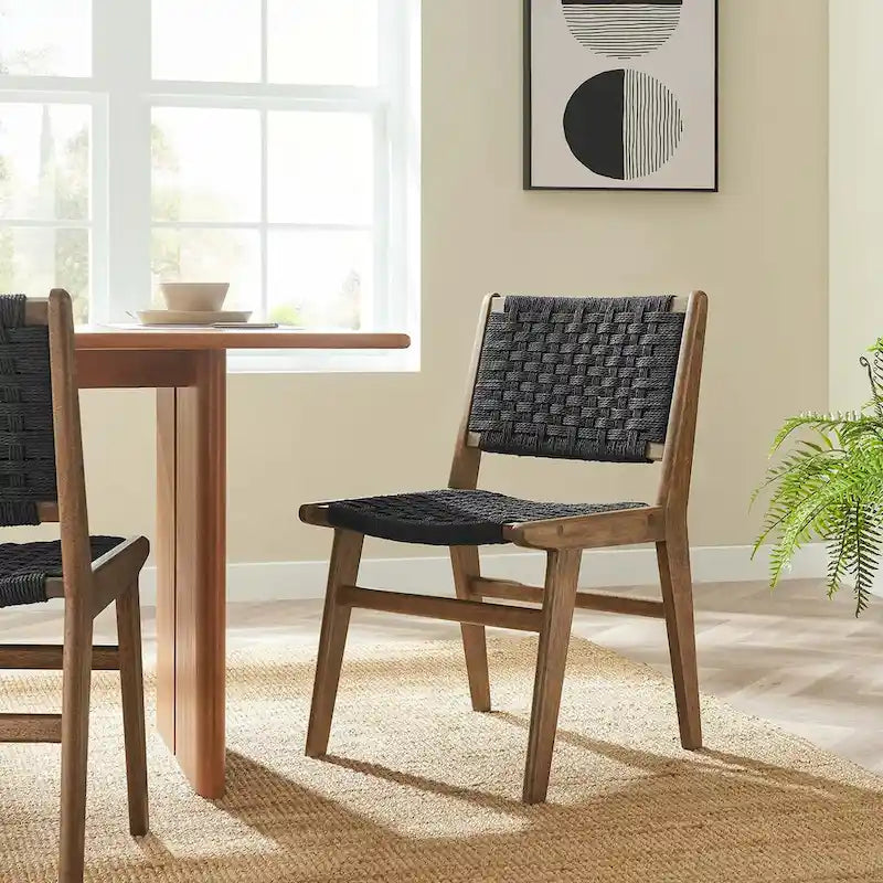 Chaise de salle à manger latérale moderne en corde tressée, cadre en bois d'hévéa, tissage panier noir naturel