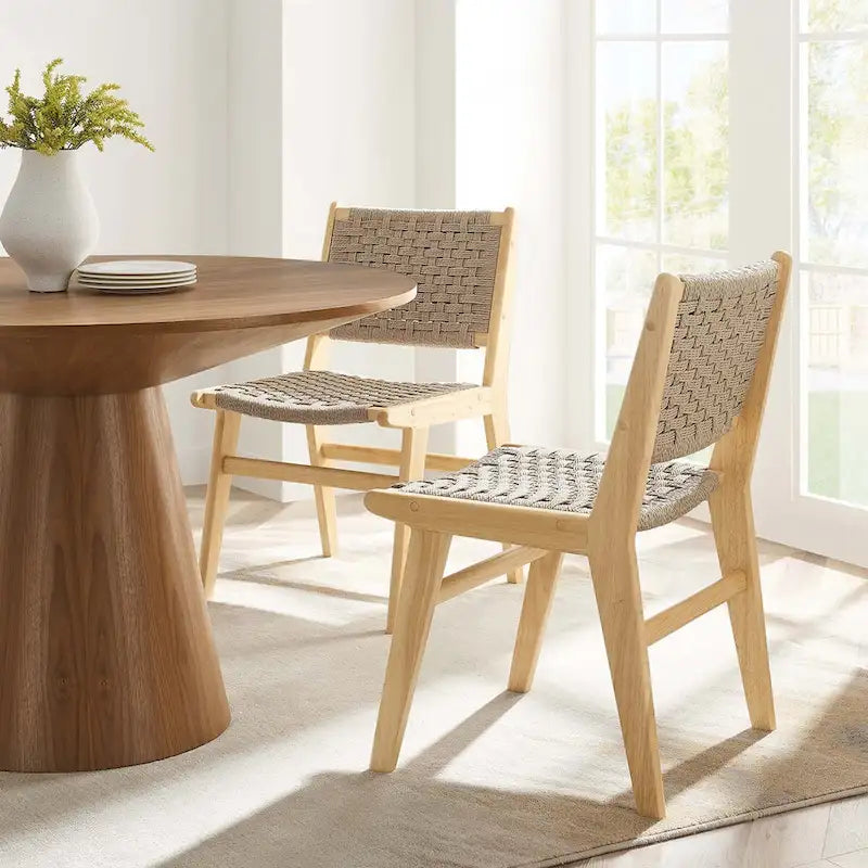 Chaise de salle à manger latérale moderne en corde tressée, cadre en bois d'hévéa, tissage panier noir naturel