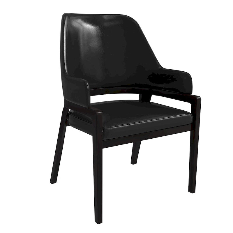 Chaise de salle à manger moderne en cuir PU, dossier incurvé ouvert, pieds en bois d'hévéa, noir et blanc