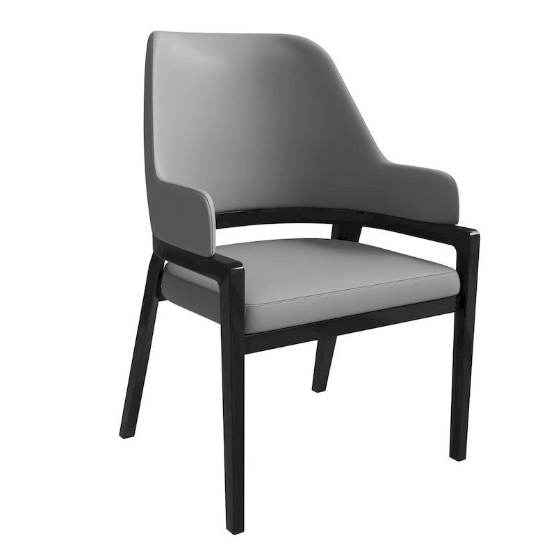 Chaise de salle à manger moderne en cuir PU, dossier incurvé ouvert, pieds en bois d'hévéa, noir et blanc