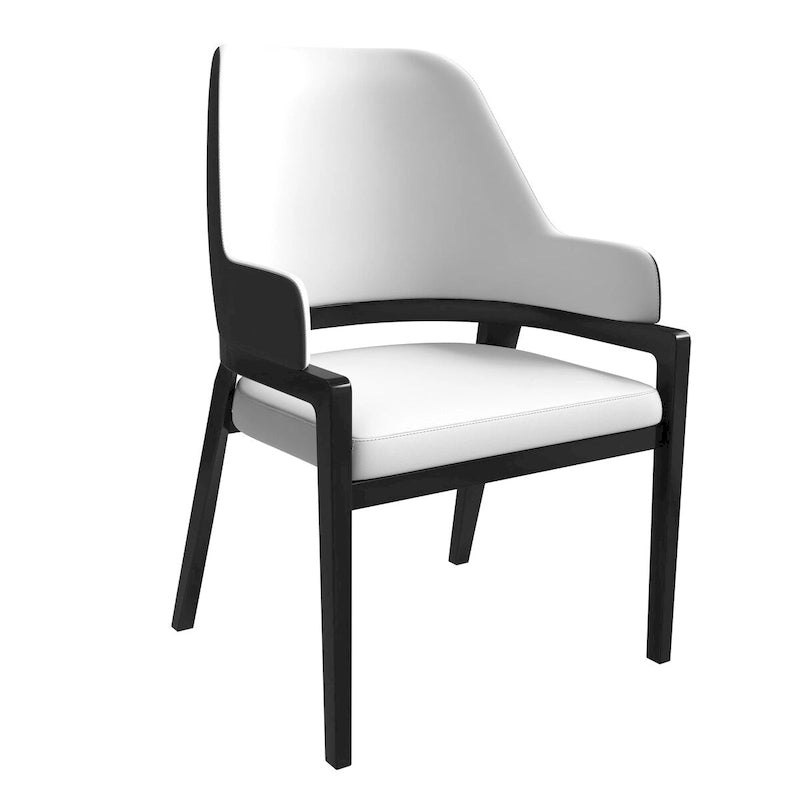 Chaise de salle à manger moderne en cuir PU, dossier incurvé ouvert, pieds en bois d'hévéa, noir et blanc