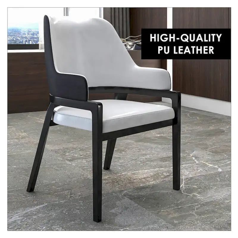 Chaise de salle à manger moderne en cuir PU, dossier incurvé ouvert, pieds en bois d'hévéa, noir et blanc