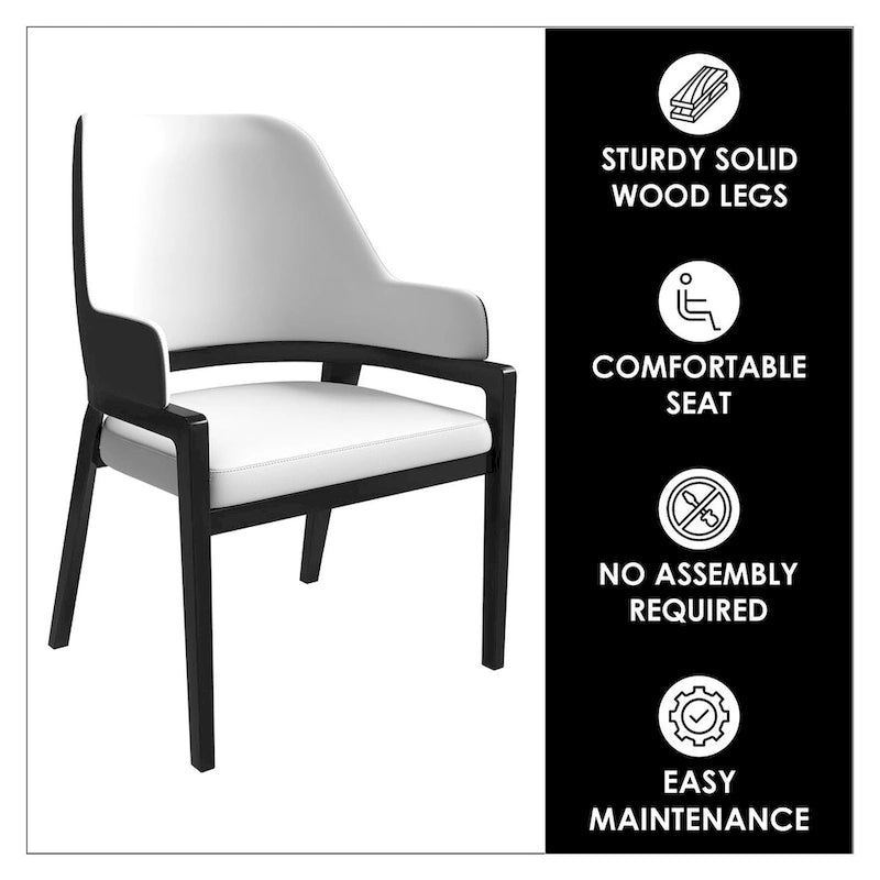 Chaise de salle à manger moderne en cuir PU, dossier incurvé ouvert, pieds en bois d'hévéa, noir et blanc