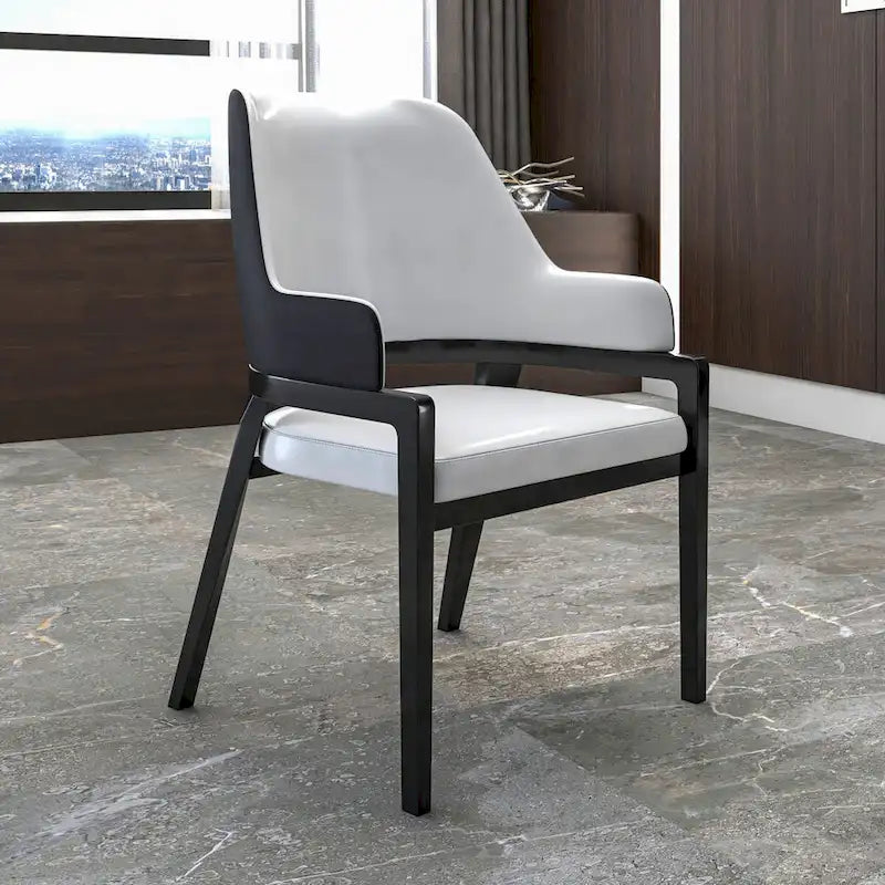 Chaise de salle à manger moderne en cuir PU, dossier incurvé ouvert, pieds en bois d'hévéa, noir et blanc