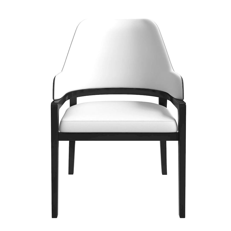 Chaise de salle à manger moderne en cuir PU, dossier incurvé ouvert, pieds en bois d'hévéa, noir et blanc
