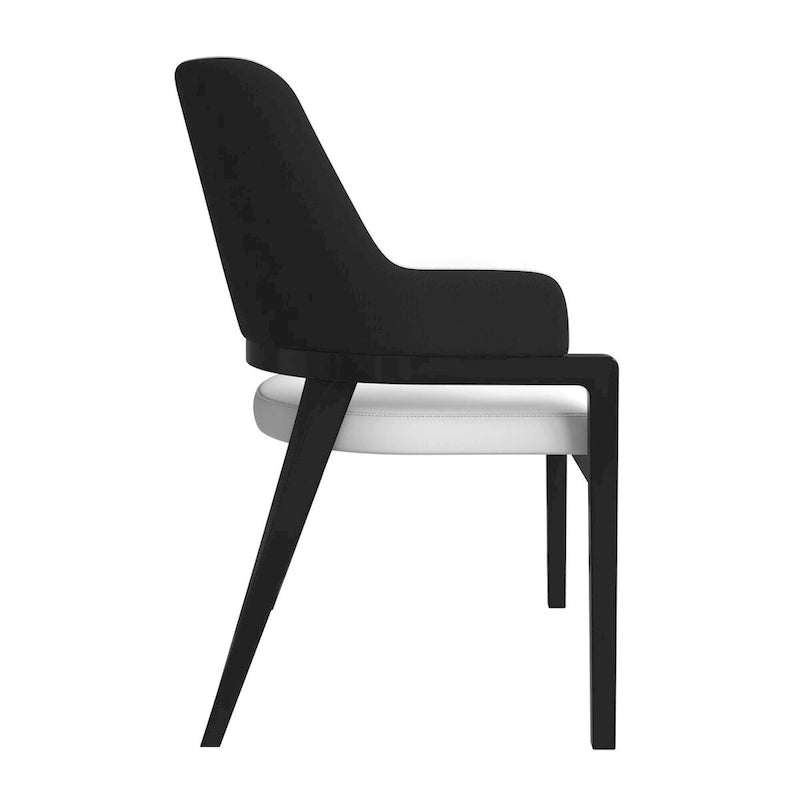 Chaise de salle à manger moderne en cuir PU, dossier incurvé ouvert, pieds en bois d'hévéa, noir et blanc