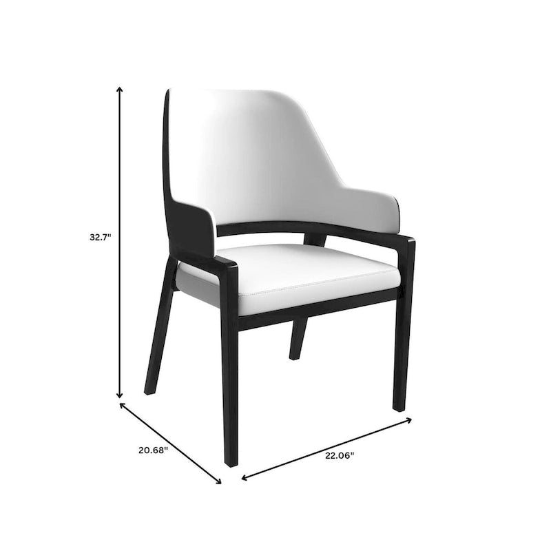 Chaise de salle à manger moderne en cuir PU, dossier incurvé ouvert, pieds en bois d'hévéa, noir et blanc