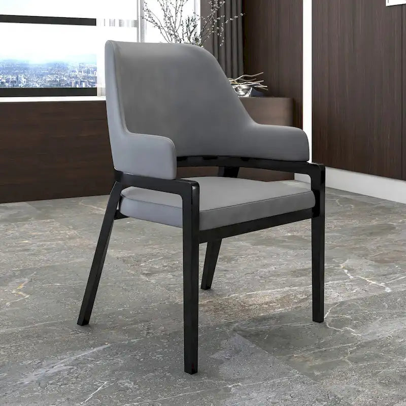 Chaise de salle à manger moderne en cuir PU, dossier incurvé ouvert, pieds en bois d'hévéa, noir et blanc