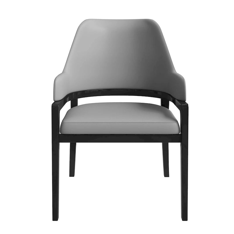Chaise de salle à manger moderne en cuir PU, dossier incurvé ouvert, pieds en bois d'hévéa, noir et blanc
