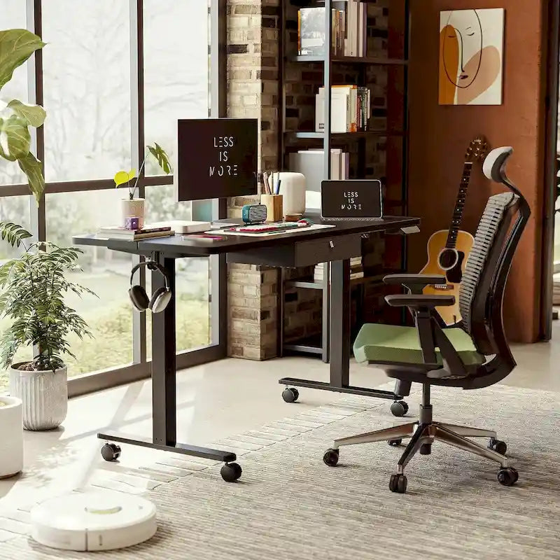 Bureau assis-debout électrique à hauteur réglable avec tiroir de rangement et roulettes