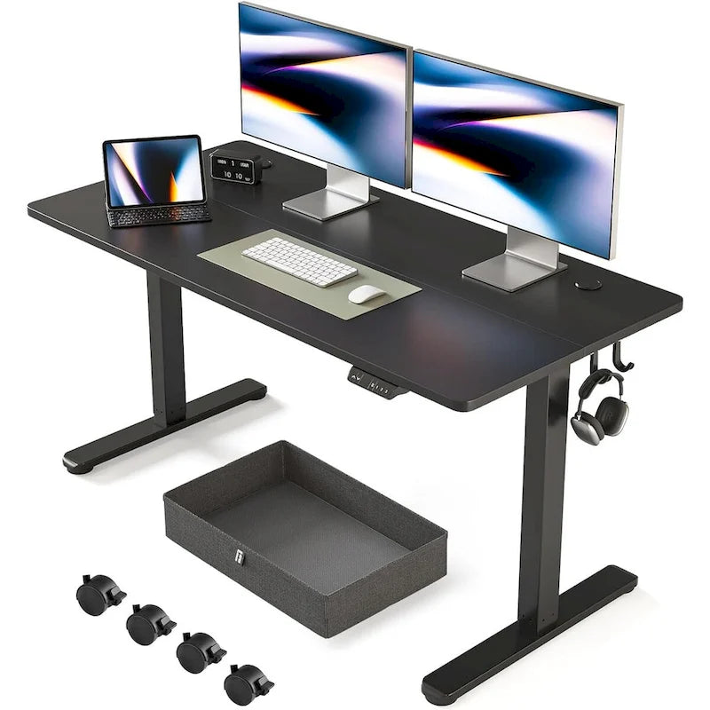 Bureau assis-debout électrique à hauteur réglable avec tiroir de rangement et roulettes