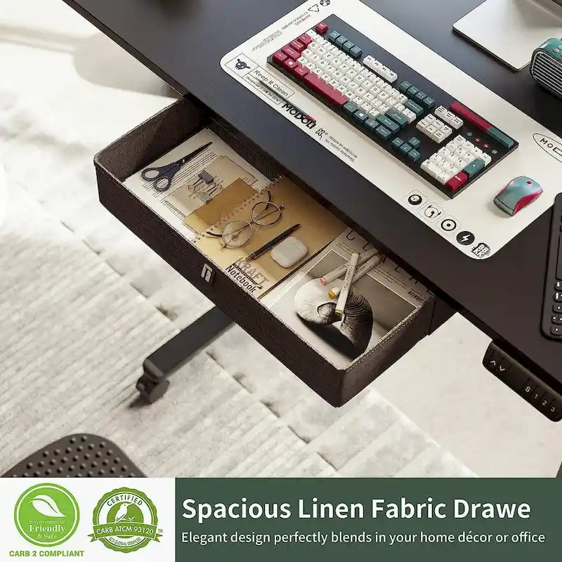 Bureau assis-debout électrique à hauteur réglable avec tiroir de rangement et roulettes