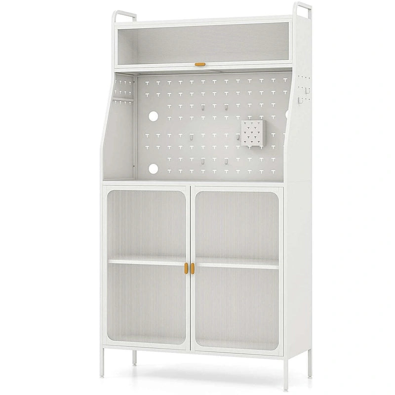 5-Tier Freestanding Baker's Rack with Pegboard, Glass Doors & Storage Cabinet, White & Gold