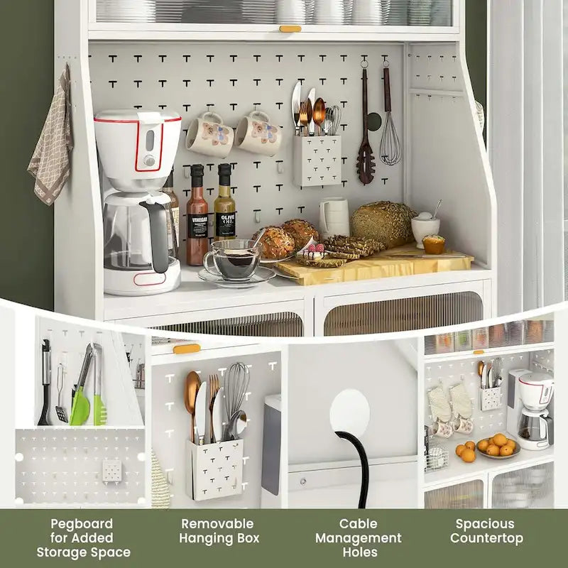 5-Tier Freestanding Baker's Rack with Pegboard, Glass Doors & Storage Cabinet, White & Gold