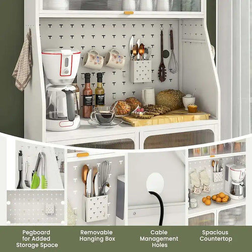 5-Tier Freestanding Baker's Rack with Pegboard, Glass Doors & Storage Cabinet, White & Gold
