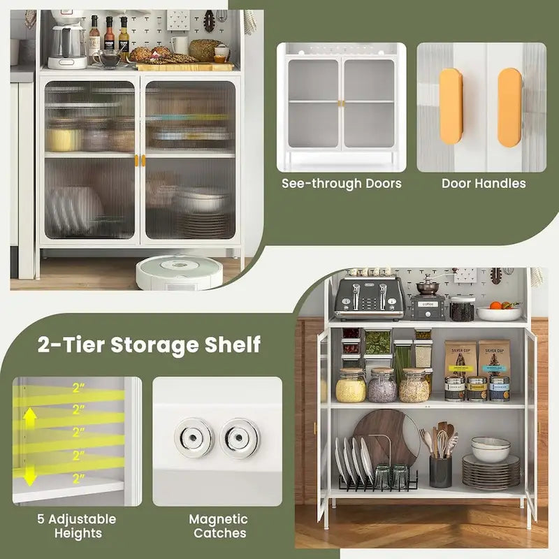 5-Tier Freestanding Baker's Rack with Pegboard, Glass Doors & Storage Cabinet, White & Gold