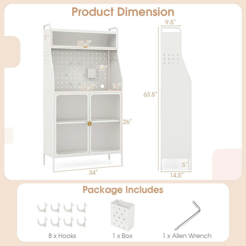 5-Tier Freestanding Baker's Rack with Pegboard, Glass Doors & Storage Cabinet, White & Gold