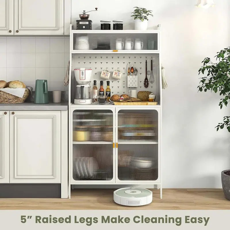 5-Tier Freestanding Baker's Rack with Pegboard, Glass Doors & Storage Cabinet, White & Gold