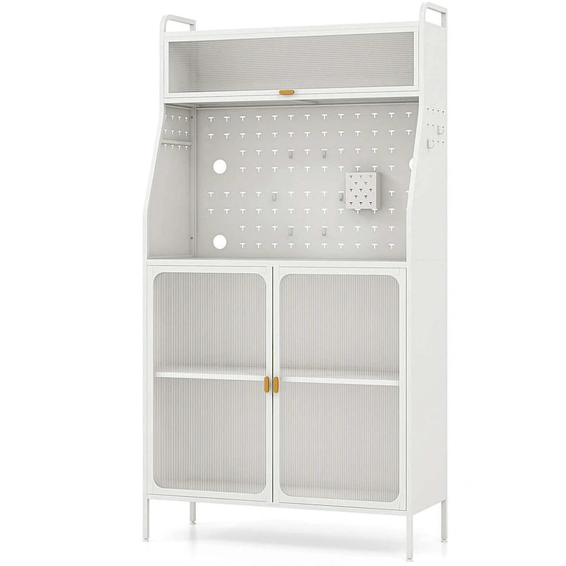 5-Tier Freestanding Baker's Rack with Pegboard, Glass Doors & Storage Cabinet, White & Gold
