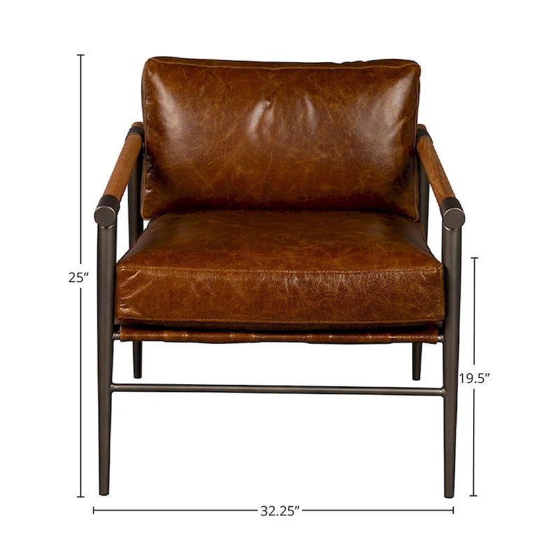 Fauteuil d'appoint en cuir pleine fleur marron avec cadre en métal satiné