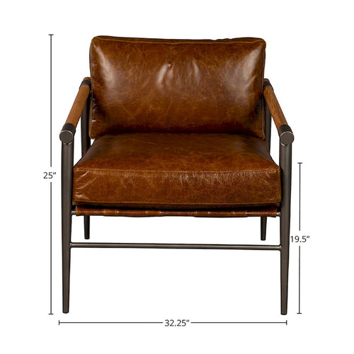Fauteuil d'appoint en cuir pleine fleur marron avec cadre en métal satiné
