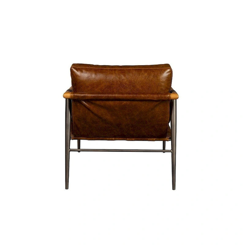 Fauteuil d'appoint en cuir pleine fleur marron avec cadre en métal satiné