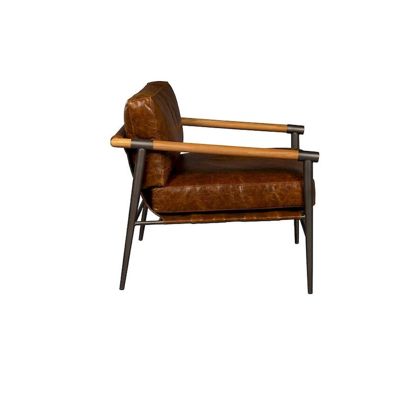 Fauteuil d'appoint en cuir pleine fleur marron avec cadre en métal satiné