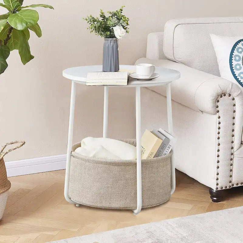 Table d'appoint ronde avec panier de rangement en lin Cadre en métal beige
