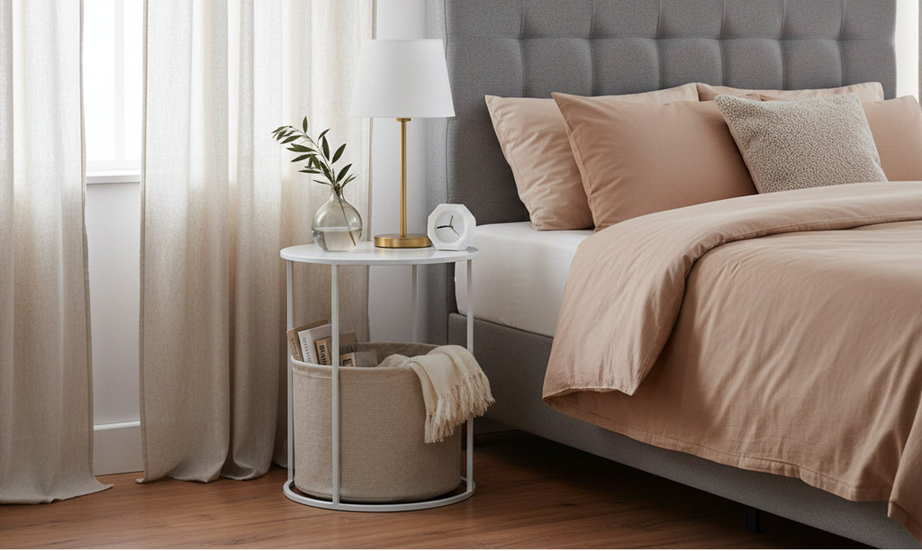 Table d'appoint ronde avec panier de rangement en lin Cadre en métal beige