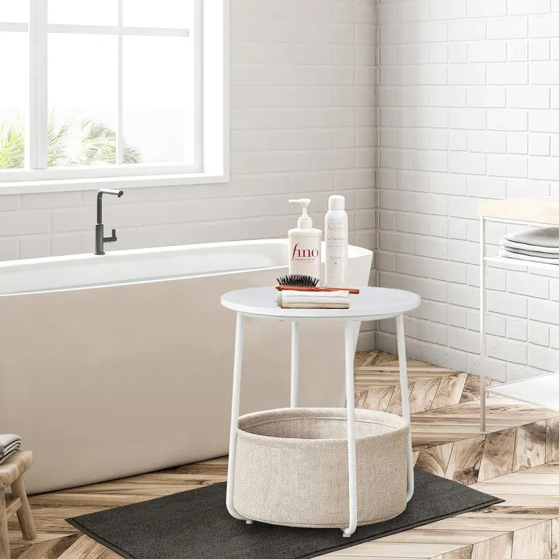 Table d'appoint ronde avec panier de rangement en lin Cadre en métal beige