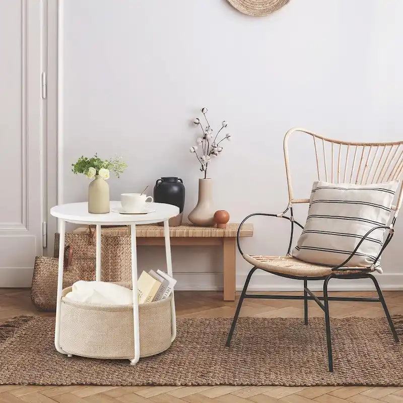 Table d'appoint ronde avec panier de rangement en lin Cadre en métal beige