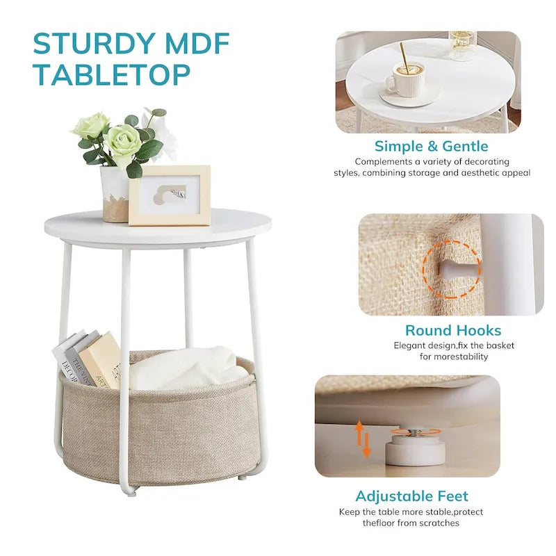 Table d'appoint ronde avec panier de rangement en lin Cadre en métal beige