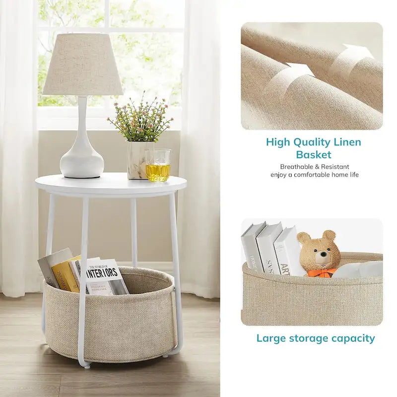 Table d'appoint ronde avec panier de rangement en lin Cadre en métal beige