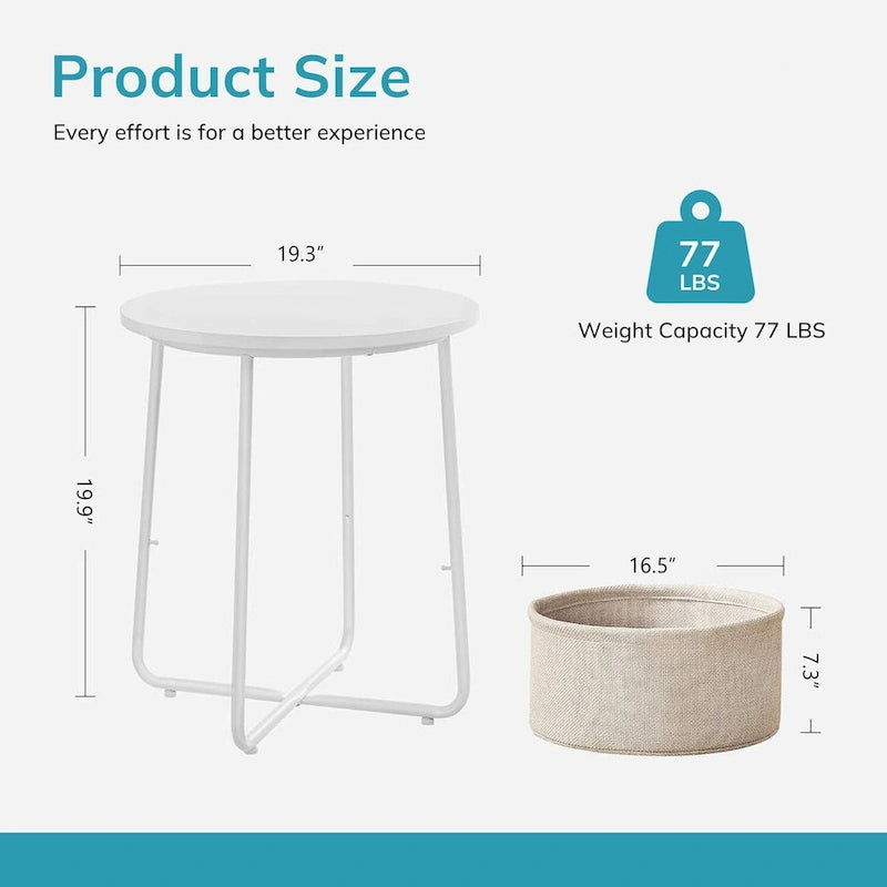 Table d'appoint ronde avec panier de rangement en lin Cadre en métal beige