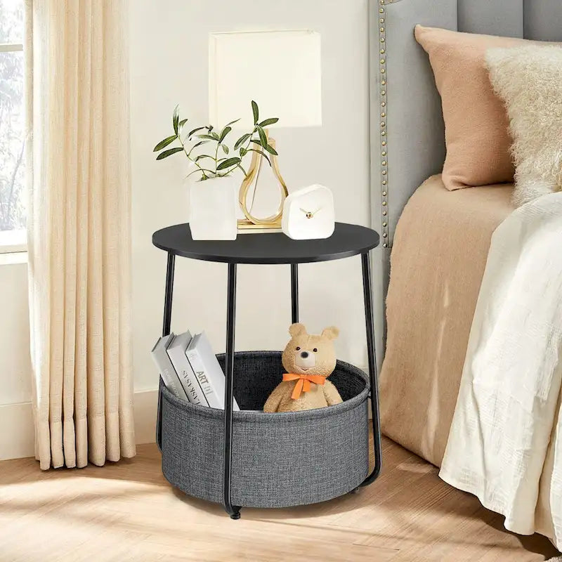 Table d'appoint ronde avec panier de rangement en lin Cadre en métal beige