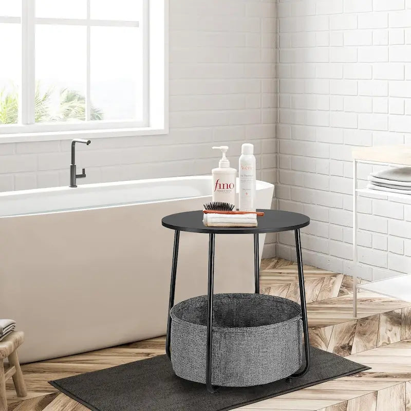 Table d'appoint ronde avec panier de rangement en lin Cadre en métal beige