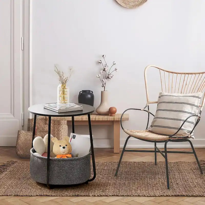 Table d'appoint ronde avec panier de rangement en lin Cadre en métal beige