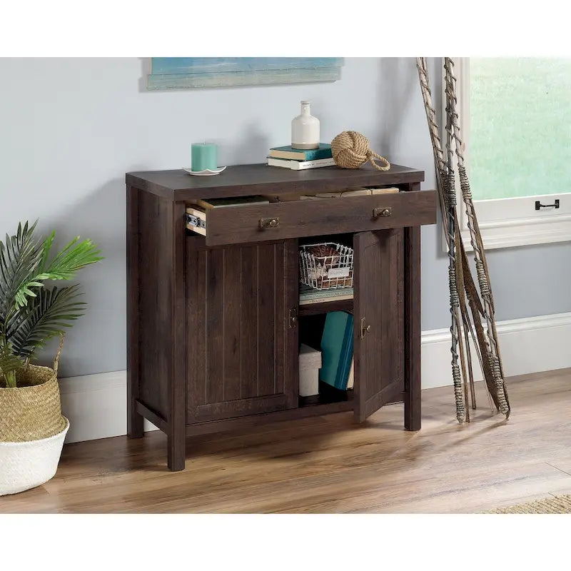 Meuble de rangement en bois avec tiroir et deux portes fini châtaignier crayeux