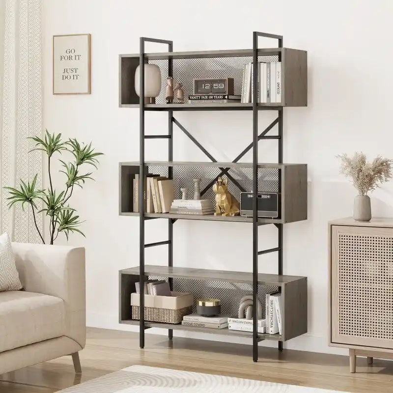 6-Tier Industrial Open Bookshelf with Metal Frame and Mesh Back, Brown or Grey