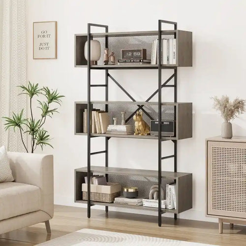 6-Tier Industrial Open Bookshelf with Metal Frame and Mesh Back, Brown or Grey