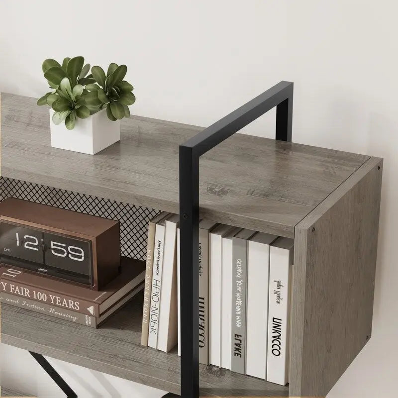 6-Tier Industrial Open Bookshelf with Metal Frame and Mesh Back, Brown or Grey