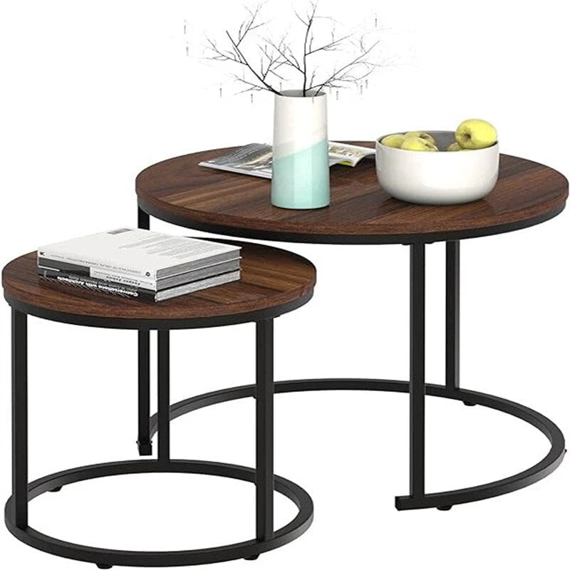 Table basse ronde en bois marron rustique avec plateau et piétement en métal