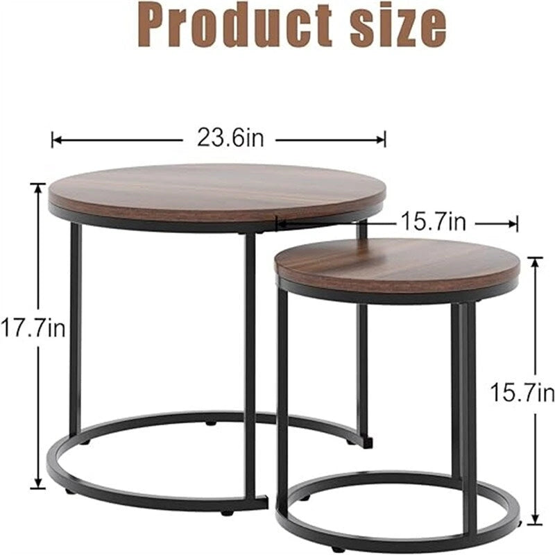 Table basse ronde en bois marron rustique avec plateau et piétement en métal