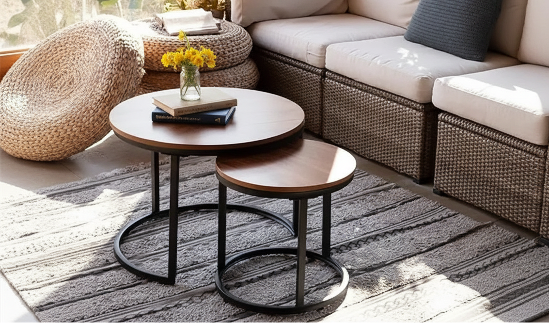 Table basse ronde en bois marron rustique avec plateau et piétement en métal