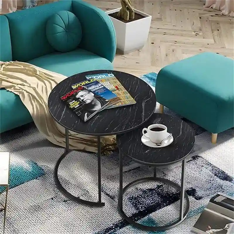 Table basse ronde en bois marron rustique avec plateau et piétement en métal