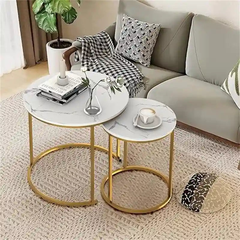 Table basse ronde en bois marron rustique avec plateau et piétement en métal