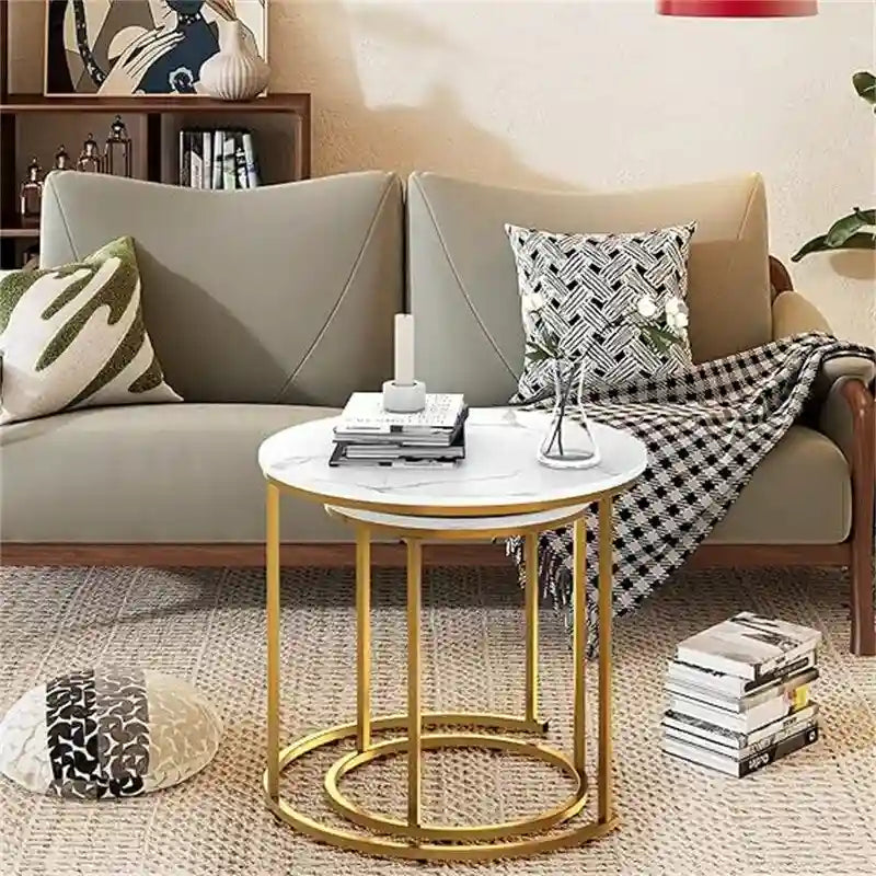 Table basse ronde en bois marron rustique avec plateau et piétement en métal